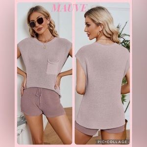 Ribbed Round Neck Pocket Knit Top and Shorts Set
